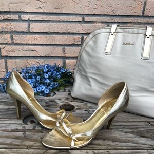 J. Crew gold heels with ribbon type bow 9.5